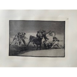 Goya etching. Bullfighting, plate 17, 1983 edition. The Moors Use Donkeys as a Barrier to Defend Themselves'