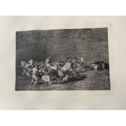 Print No. 32 of Goya's Bullfighting. Two groups of picadors are followed by a single bull.