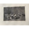 Print No. 32 of Goya's Bullfighting. Two groups of picadors are followed by a single bull.