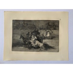 Gravure de Goya. Combat en calèche attelée de deux mules (Tauromachie, planche G). Édition de 1983.