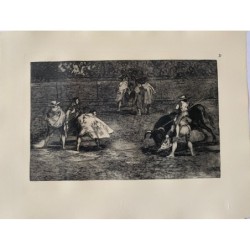 Radierung von Goya. Picador reitet auf den Schultern eines Bauern und reitet einen Stier (Stierkampf, Tafel D). Ausgabe 1983.