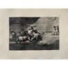 Gravure de Goya. Gentilhomme renversé par un taureau (Tauromachie, planche B). Édition de 1983.