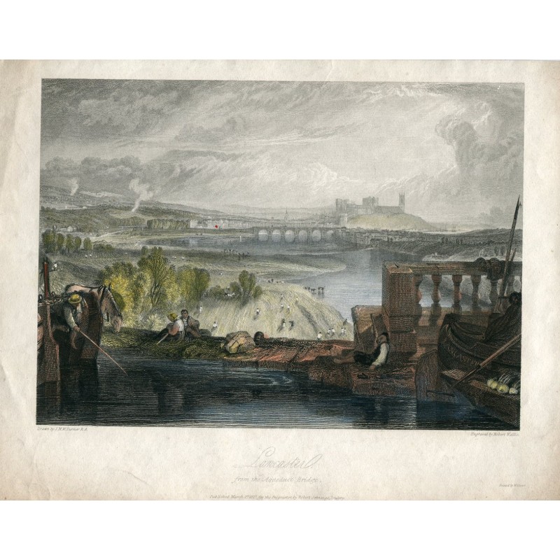 England. Lancaster from Aqueduct Bridge. Engraving by Robert Wallis after a work by J.M.W. Turner.