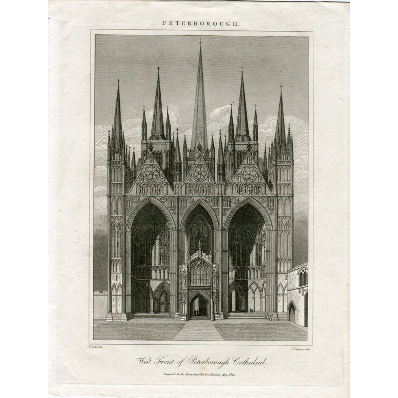 Facciata ovest della Cattedrale di Peterborough. Incisione di J. Chapman da un'opera di J. Carter.