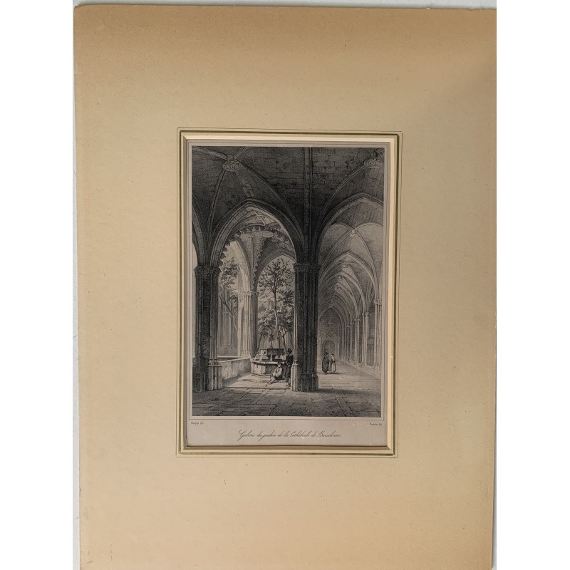 Kathedrale von Barcelona, Gartengalerie – Originallithografie aus dem 19. Jahrhundert.