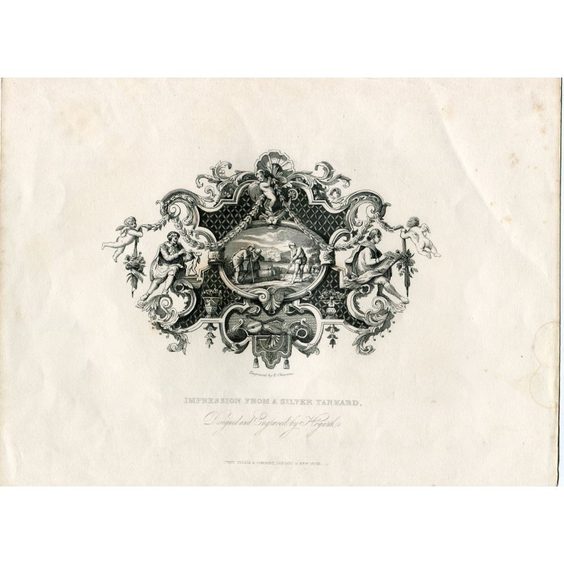 D'après William Hogarth. Gravure de 1833. Impression d'une chope en argent.