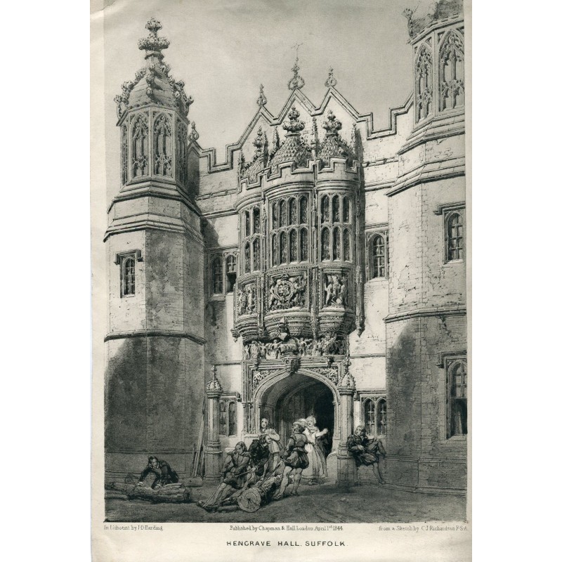 Lithographie de Hengrave Hall, Suffolk. Lithographe et croquis de CJ Richardson.