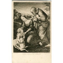 Cartolina antica della Sacra Famiglia con l'Agnello di Raffaello. Museo del Prado.