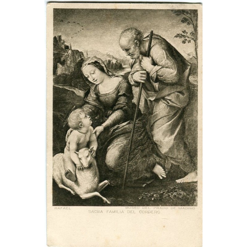 Cartolina antica della Sacra Famiglia con l'Agnello di Raffaello. Museo del Prado.