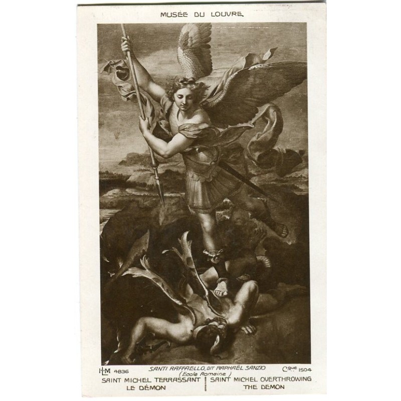 Carte postale ancienne Saint Michel terrassant le démon de Raphaël. Musée du Louvre. n 4836