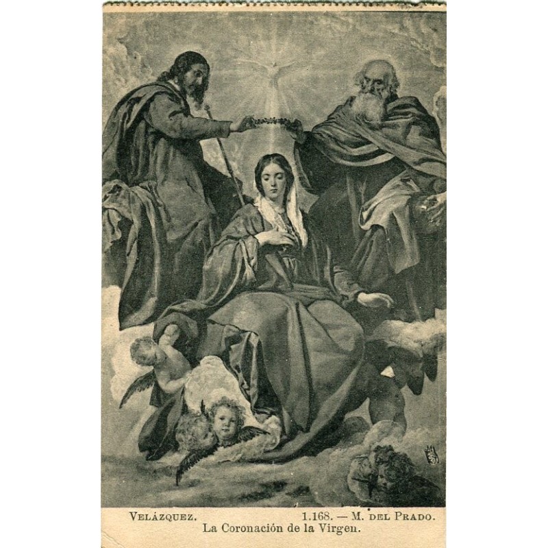 Carte postale ancienne du Couronnement de la Vierge par Vélasquez. Musée du Prado. Timbre de 15 centimes. Alphonse XIII.