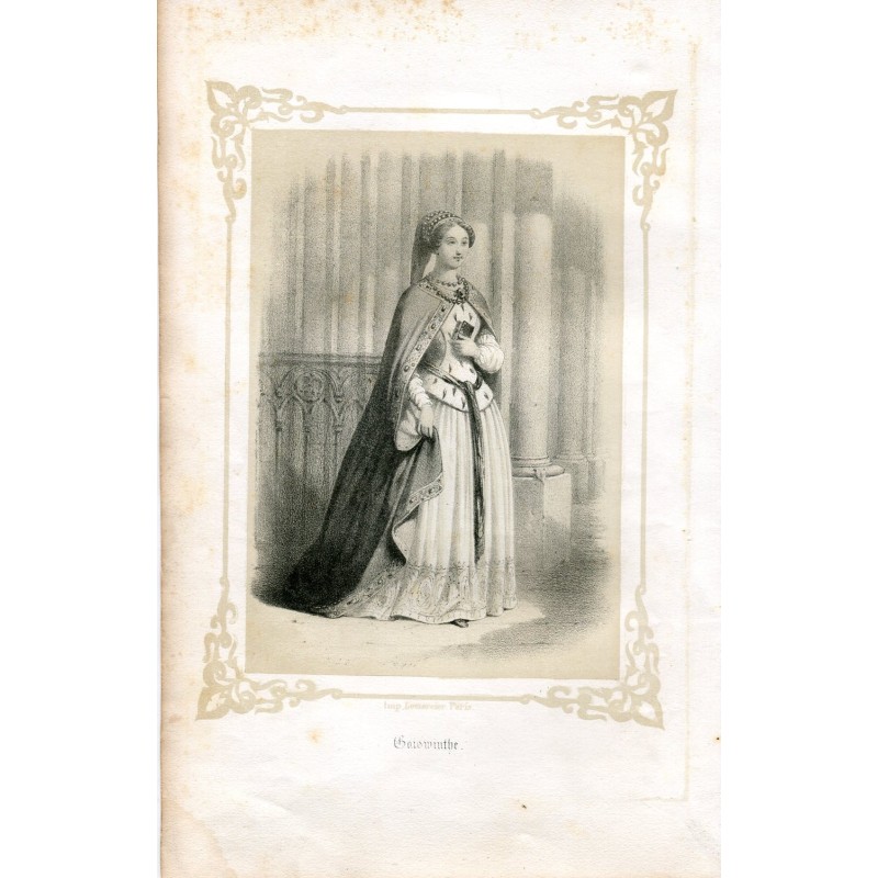 Goswintha, reine des Wisigoths. Gravure lithographique, 1856