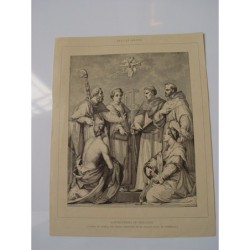 Theologen-Kontroverse. Antike Lithografie eines Gemäldes von Andrea del Sarto aus dem Jahr 1881.