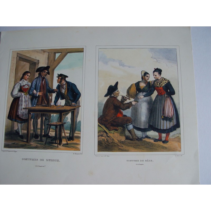 Lithografische Reproduktion der Zürcher Kostüme nach der Arbeit von A. Deveria.