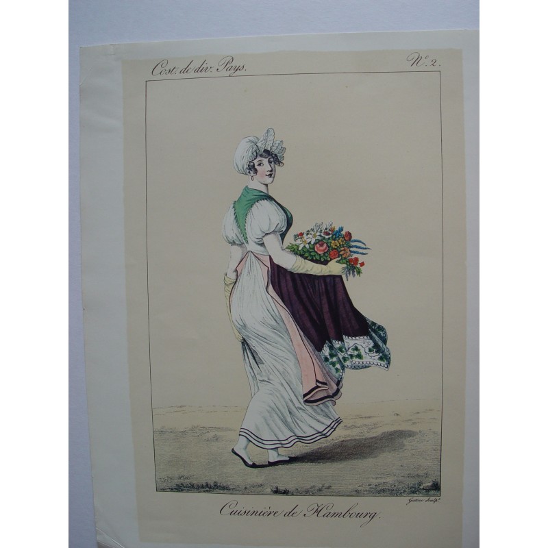 Lithographic reproduction of Cuisiniere of Hamburg from the magazine Costumes of Various Countries by Gatine