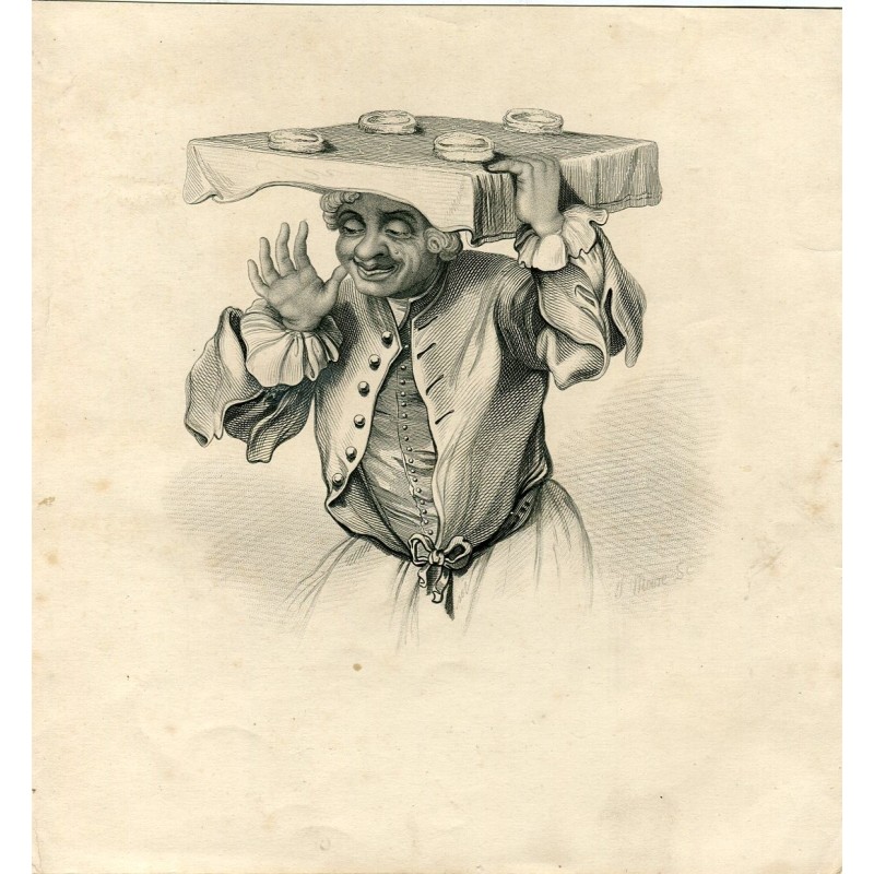 The pie man grabado de J. Moore sobre obra de William Hogarth