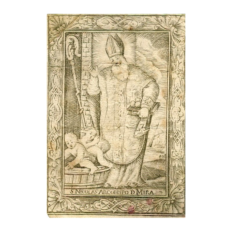 Saint Nicolas, archevêque de Myre à l'est, et saint Nicolas de Bari à l'ouest. Gravure du XVIIIe siècle.
