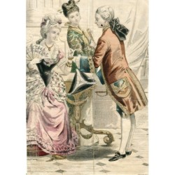 Gravure couleur d'une scène galante. Recadrée. Derrière, une gravure de trains d'époque.