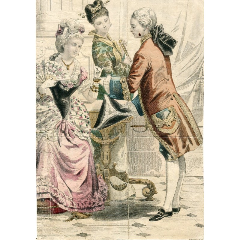 Gravure couleur d'une scène galante. Recadrée. Derrière, une gravure de trains d'époque.