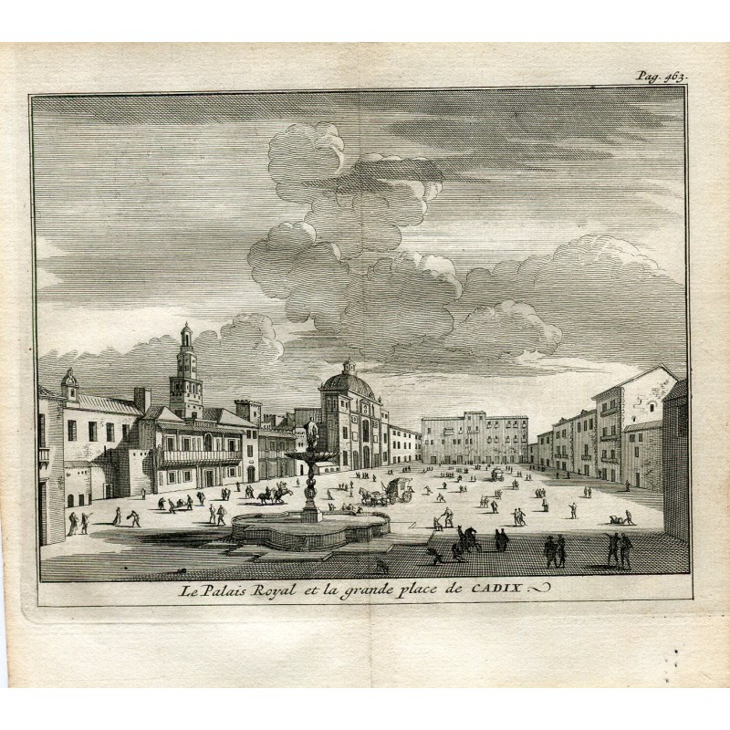 Cadice. Il Palazzo Reale e la Piazza Grande. Incisione di Pieter Van der Aa, 1707. Álvarez de Colmenar.