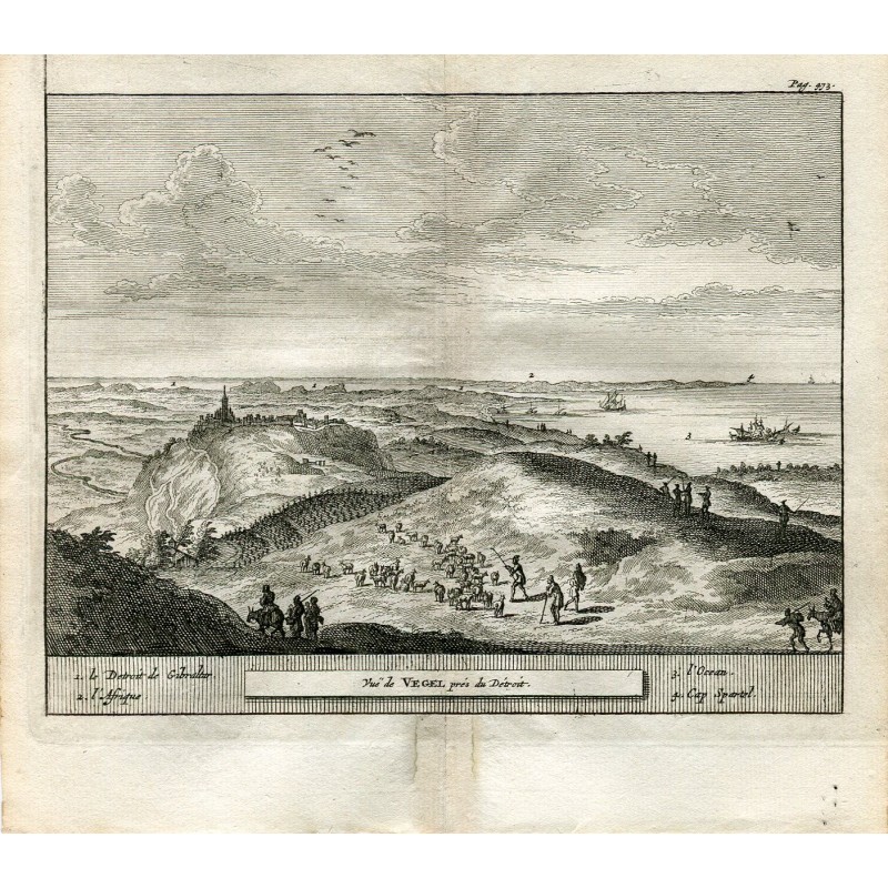 Gibraltar. Blick auf Vegel in der Nähe von Detroit. Kupferstich von Pieter Van der Aa, 1707. Alvarez de Colmenar