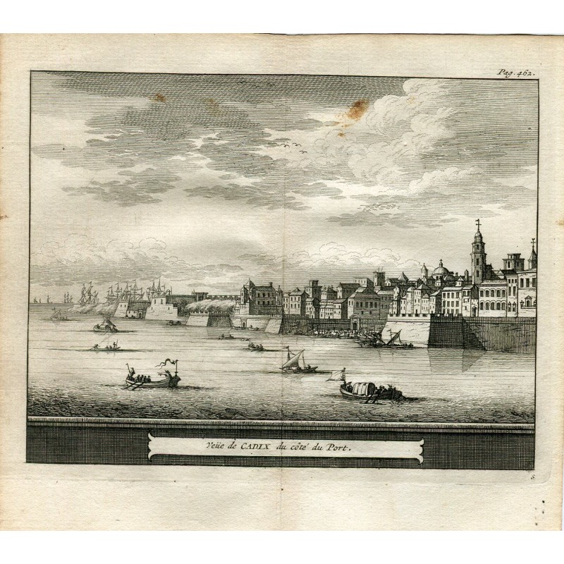 Cadix. Vue de l'autre côté du port. Gravure de Pieter Van der Aa, 1707. Alvarez de Colmenar.