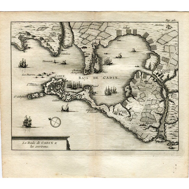 La Rade de Cadix et les environs. Engraved by Pieter Van der Aa, 1707. Alvarez de Colmenar..