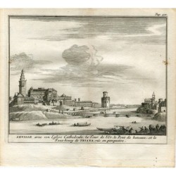 Sevilla mit seiner Kathedrale, dem Torre del Oro, der Schiffsbrücke und Triana. Van der Aa, 1707. Alvarez de Colmenar
