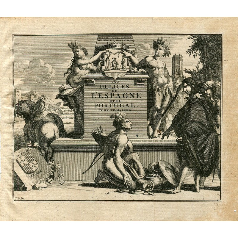 Gravureinband von Delices de l'Espagne et du Portugal tome troisiéme, von van der Aa, 1707. Alvarez de Colmenar.