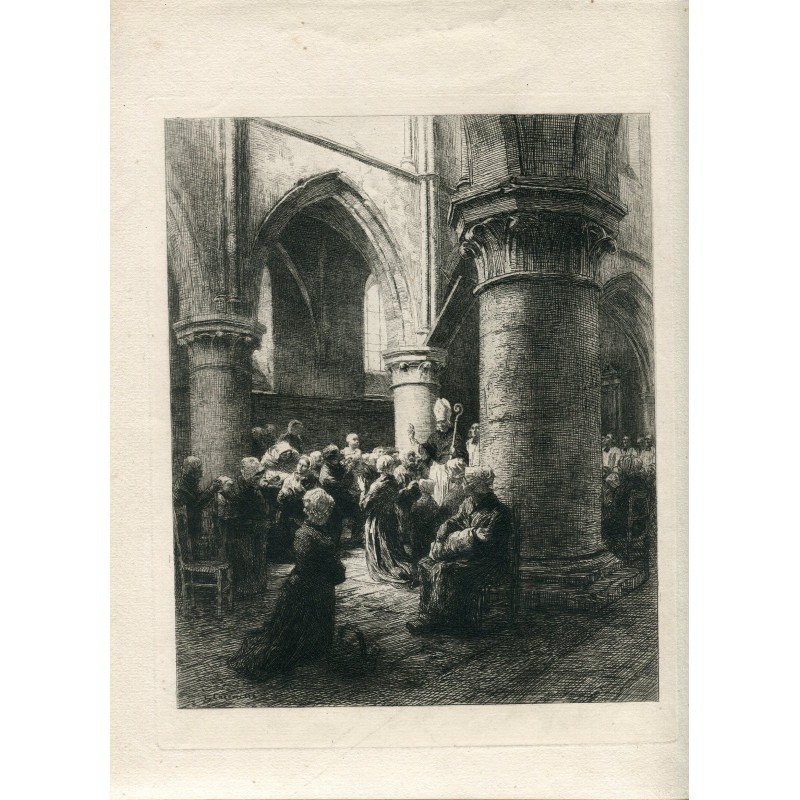Church interior, engraving by Leon Lhermitte. Signed on plate.