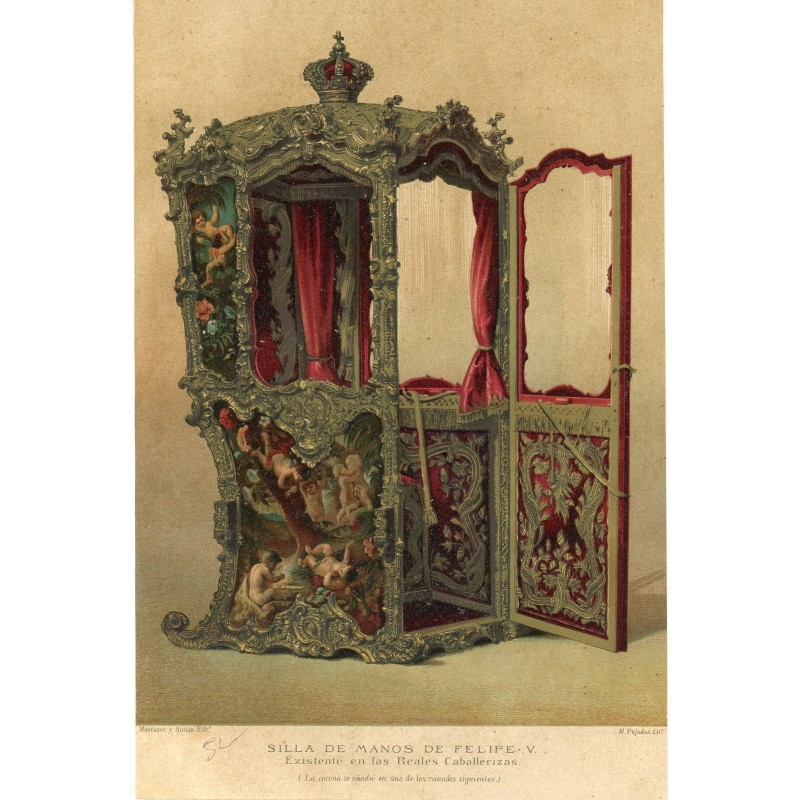 Philip V's sedan chair. Lithograph by M. Pujadas