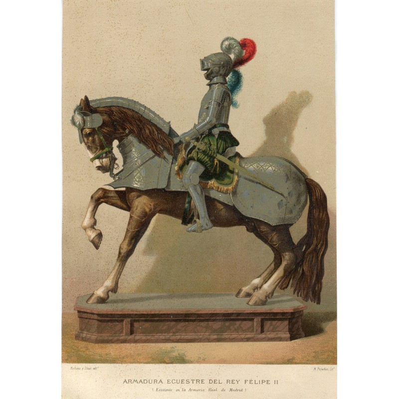 Reiterrüstung von König Philipp II. Lithographie von M. Pujadas