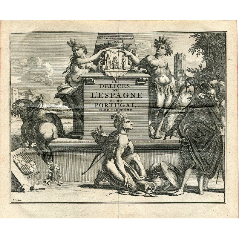 Portada del libro Delices de l'espagne et du Portugal. Tomo tercero. 1707. Grabado vander Aa. Alvarez de Colmenar