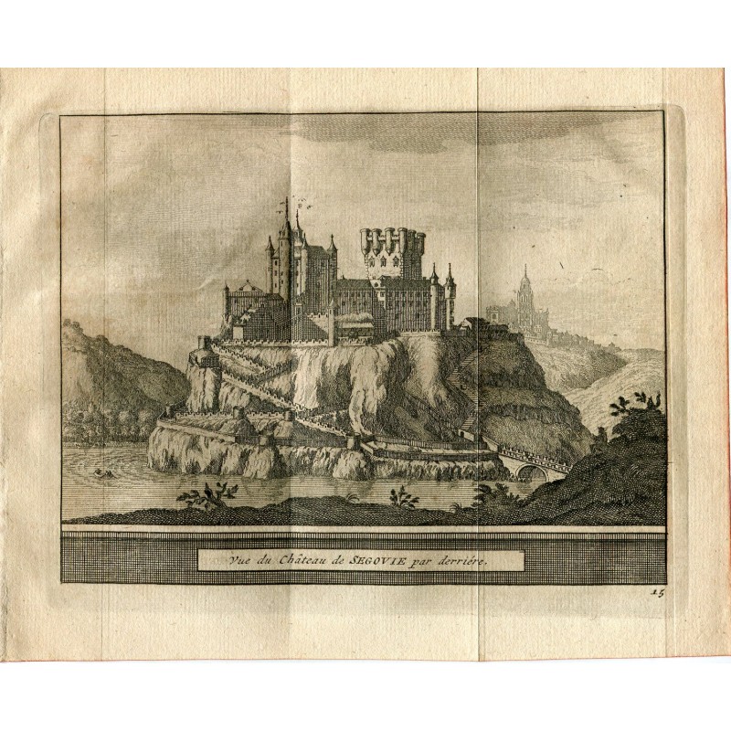 L'Alcazar de Ségovie (Château de Ségovie, Espagne) - Gravure sur acier ancienne - Pieter Van der Aa (Alvarez de Comenar). 1715.