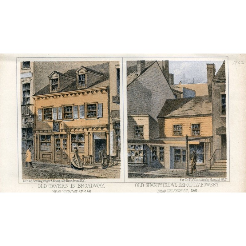 Old tavern in Broadway and Old Shanty (News depot) 177 Bovery. 1862