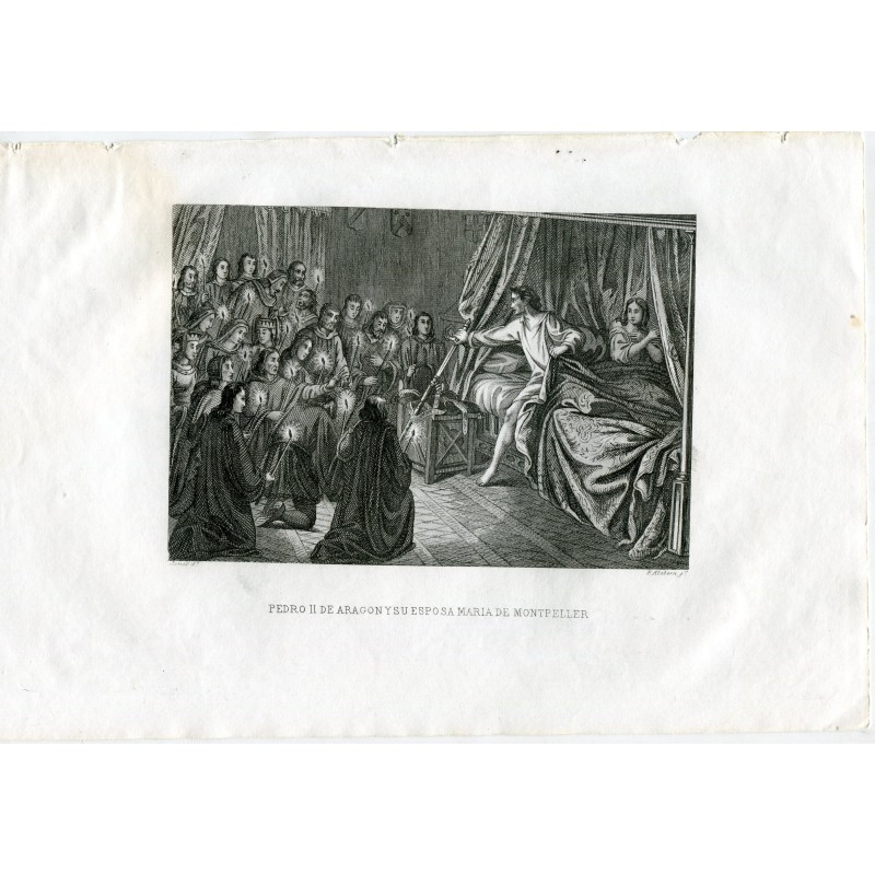 Peter II. von Aragon und seine Frau Maria von Montpellier, gestochen von P. Alabern