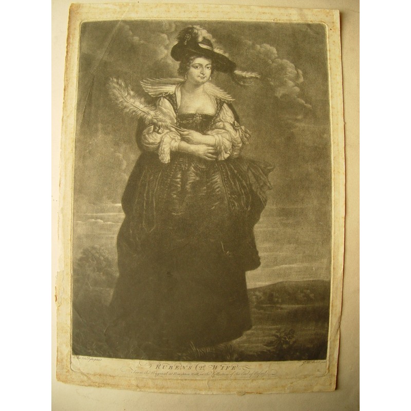 Helena Fourment, Rubens 2nd Wife. Antique print by James McArdell, after Sir Anthony Van Dyck, 18th century.
