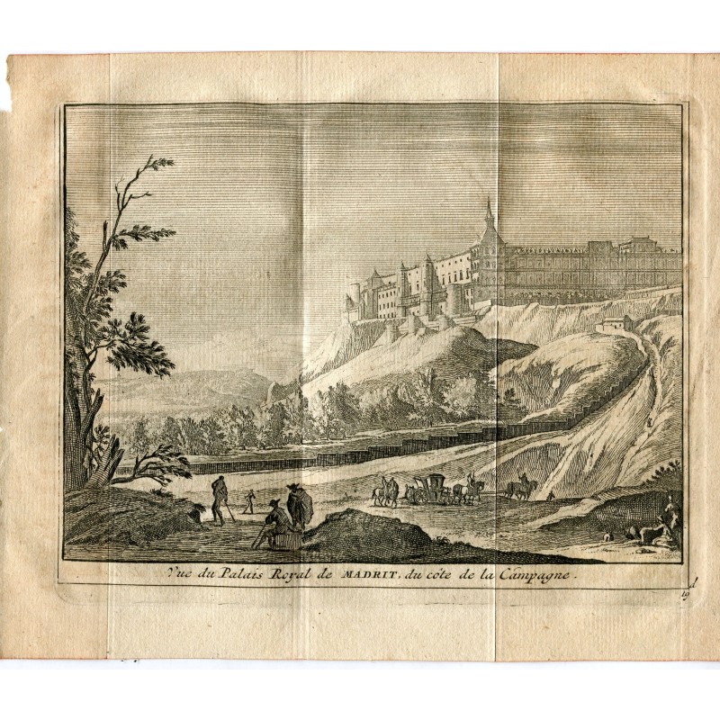 Vue du Palais Royal de Madrid depuis la côte du pays, gravée en 1715 par Vander Aa. Alvarez de Colmenar.