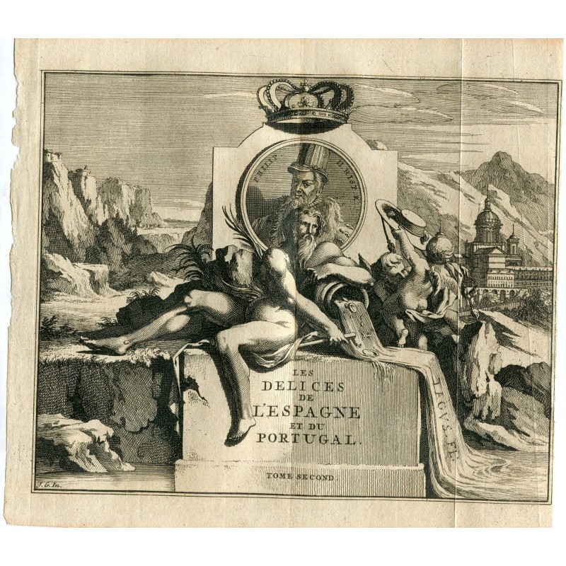 Engraving, cover of Delights of Spain and Portugal, second volume, by van der Aa, 1715. Alvarez de Colmenar.