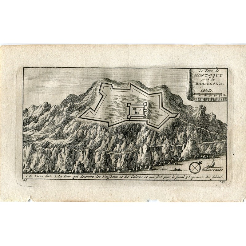 The Mont-Jouy fort before Barcelona. Engraved 1715 by Vander Aa. Alvarez de Colmenar.