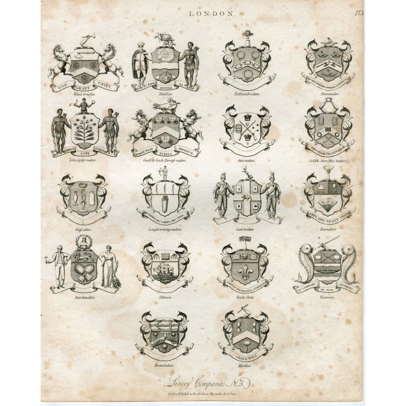 Gravure ancienne de vingt compagnies de livrées de Londres par Jones - vers 1814