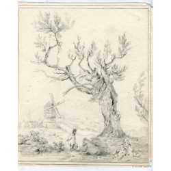 Disegno antico. Albero con figura e mulino a vento di R. Smith, firmato e datato 1826.