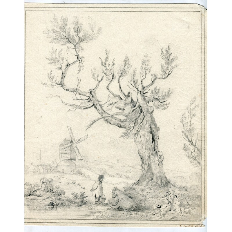 Antique drawing. Tree with a figure and a windmill by R. Smith, signed and dated 1826.