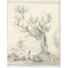 Antique drawing. Tree with a figure and a windmill by R. Smith, signed and dated 1826.