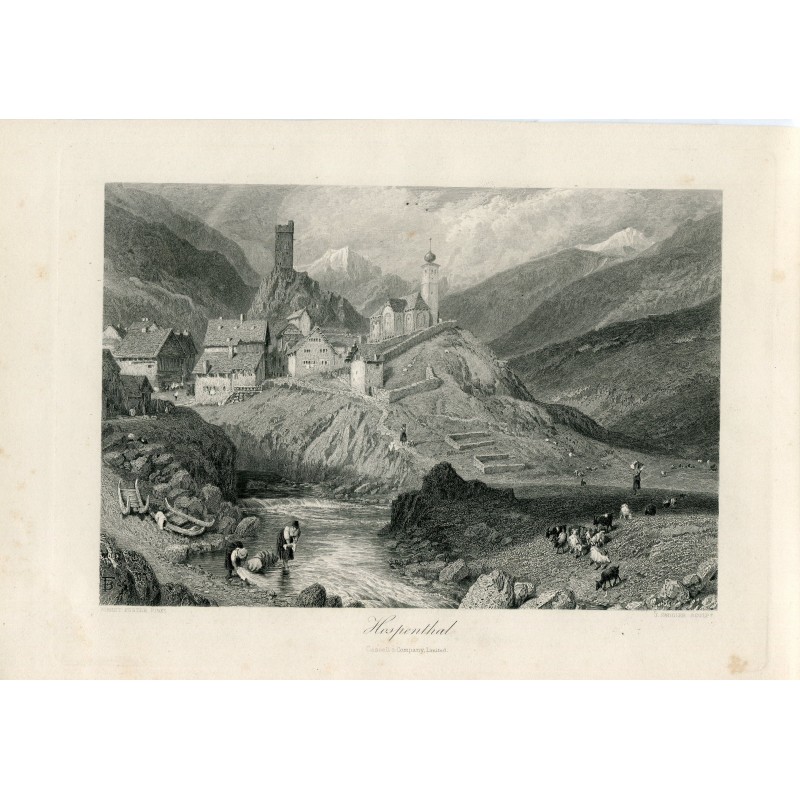Suisse. Hospenthal. Gravure de J. Saddler d'après une œuvre de Birket Foster.