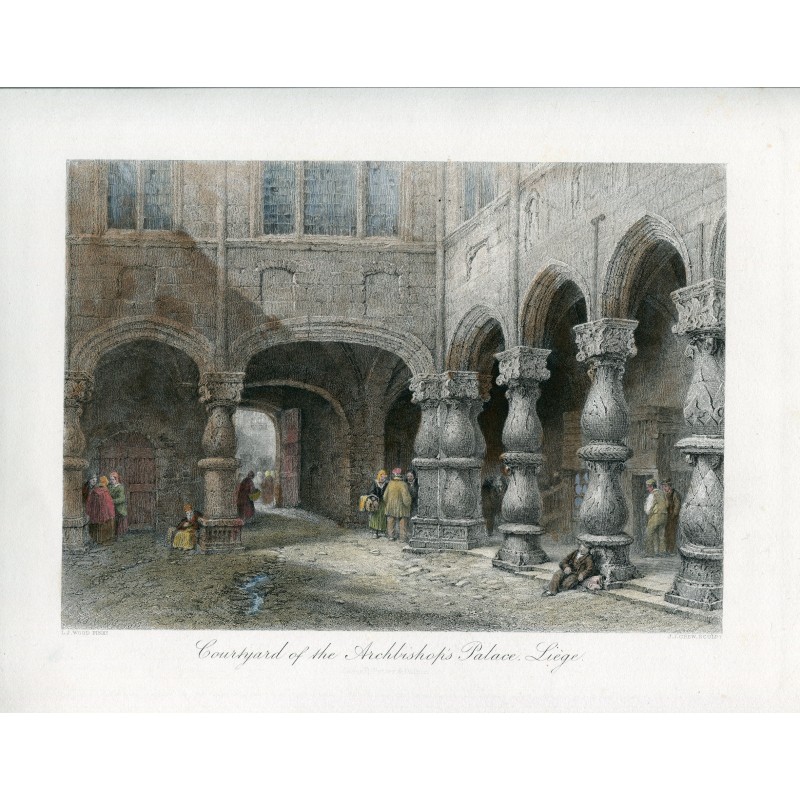 Belgien. Hof des Erzbischofspalastes, Lüttich, Kupferstich von JJ Crew nach einem Werk von LJ Wood