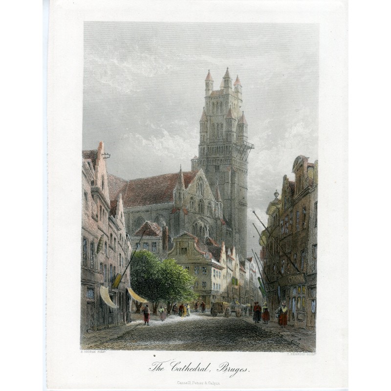 Belgique. Cathédrale de Bruges. Gravure de 1876 par T. Heawood d'après une œuvre d'E. George.