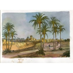 Vue d'Elche. Gravure en couleurs d'Eduardo Rodriguez Samper.