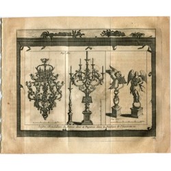 Lampadari e scrivanie in bronzo dorato nel Pantheon de l'Escurial incisi da Vander Aa. Akvarez de Colmenar.