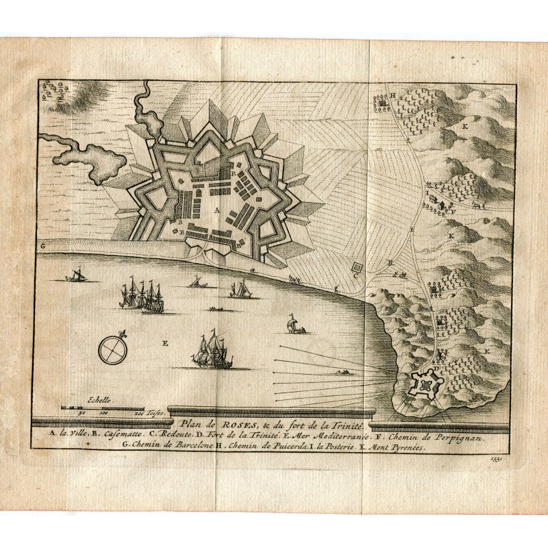 Plan de Roses& du fort de la Trinité. Grabado por Peter Vander Aa. Alvarez de Colmenar. 1715